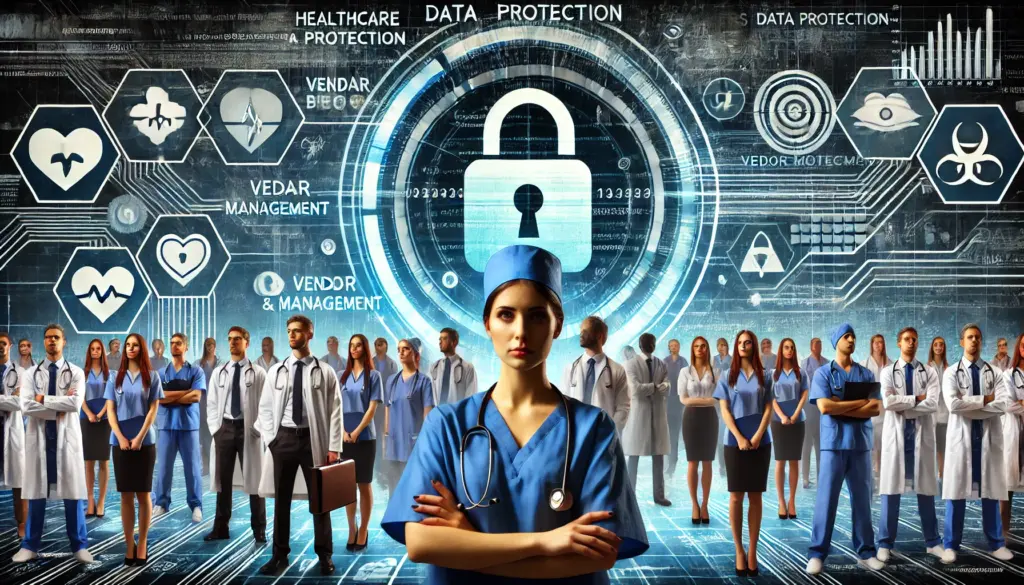 An AI generated graphic showing a healthcare provider in the foreground. Teachers & other healthcare providers in the background theme representing healthcare data protection & vendor management