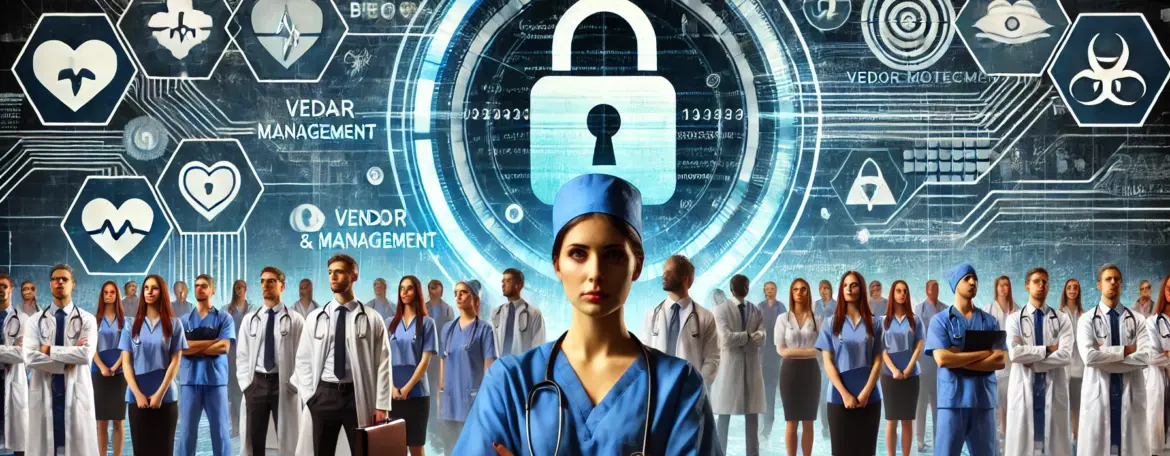 An AI generated graphic showing a healthcare provider in the foreground. Teachers & other healthcare providers in the background theme representing healthcare data protection & vendor management