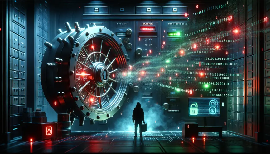 DALL·E 2024-11-23 14.50.02 - A digital representation of a data breach at a financial institution, featuring a dimly lit scene with a bank vault door slightly open, glowing with red lines of 0 & 1