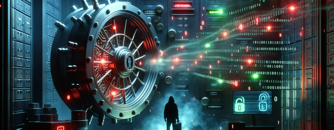 DALL·E 2024-11-23 14.50.02 - A digital representation of a data breach at a financial institution, featuring a dimly lit scene with a bank vault door slightly open, glowing with red lines of 0 & 1