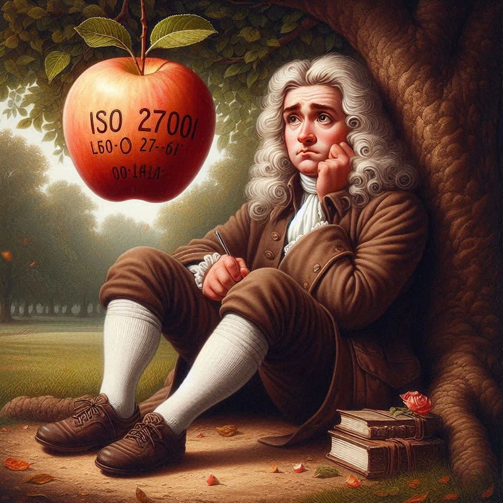 ISO 27001 explained simply. An image showing Newton sitting under the apple tree with an apple falling on his head, the apple has ISO27001 written on it.