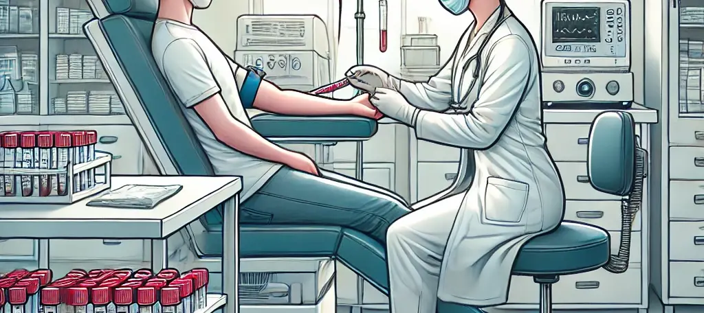 A detailed and professional illustration of a nurse in a pathology lab extracting blood from a patient