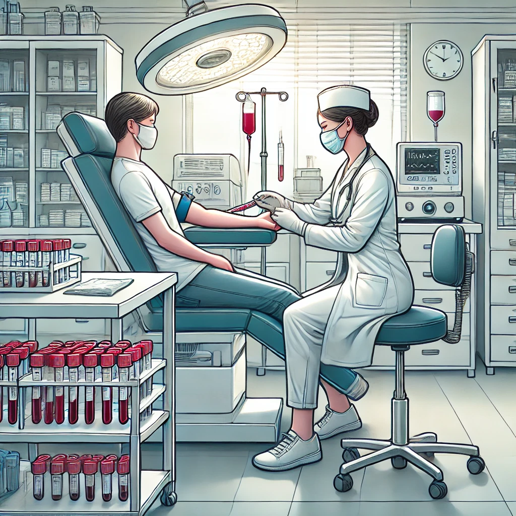 A detailed and professional illustration of a nurse in a pathology lab extracting blood from a patient