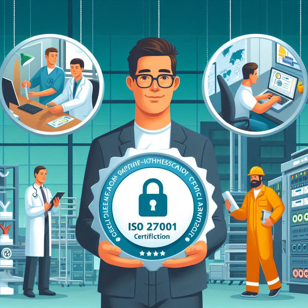 ISO 27001 certification for small businesses_A small business owner in a healthcare clinic, a software office, and a manufacturing floor, each signifying their industry, with ISO 27001 certification highlighted