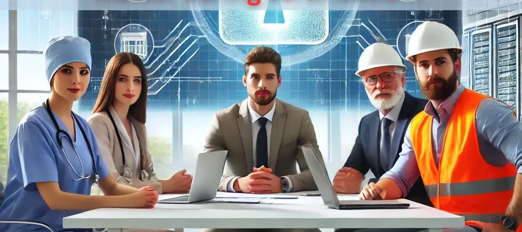 What are ISO 27001 Annexure A Controls_Image showing healthcare, manufacturing & software professionals with a cybersecurity implying theme in the background