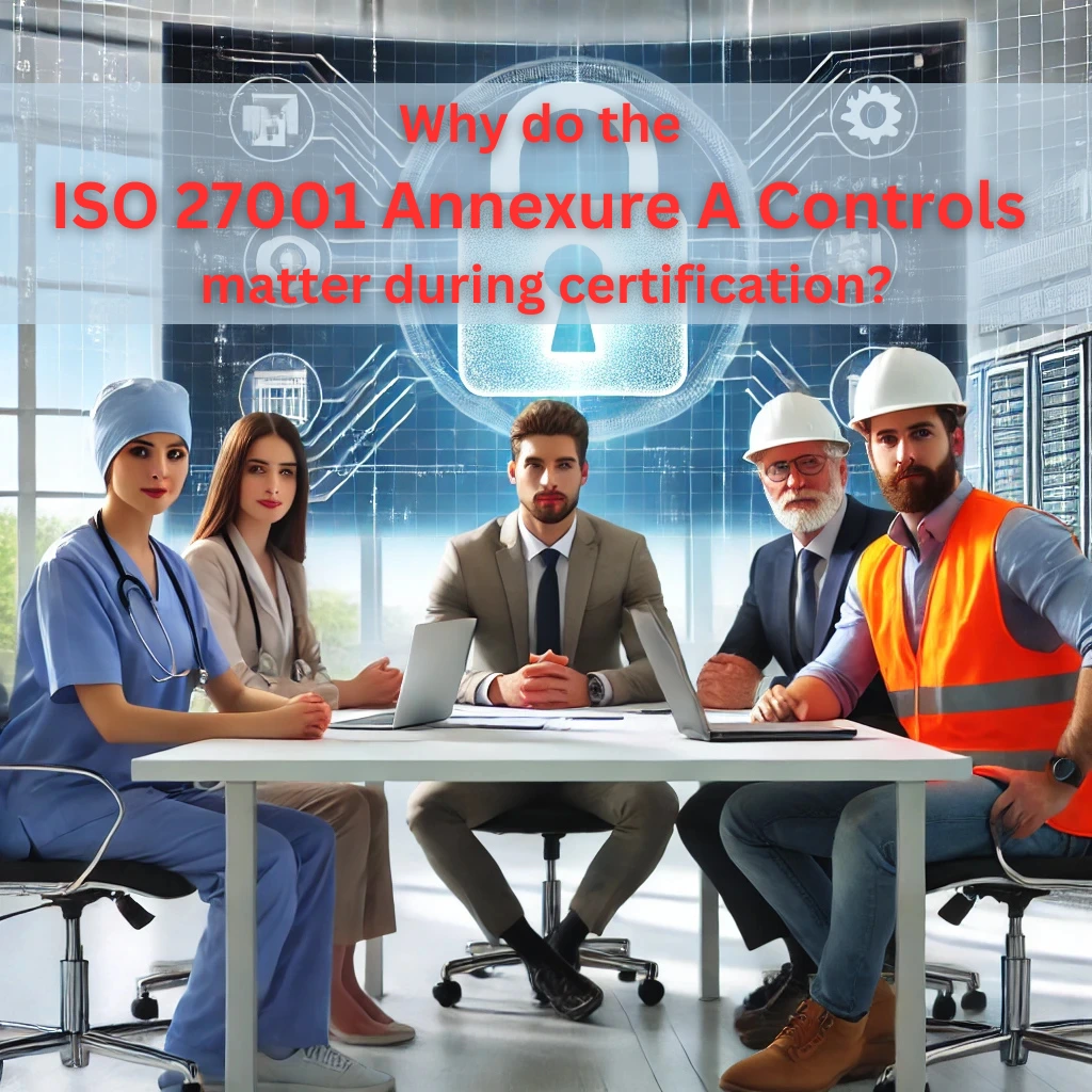What are ISO 27001 Annexure A Controls_Image showing healthcare, manufacturing & software professionals with a cybersecurity implying theme in the background