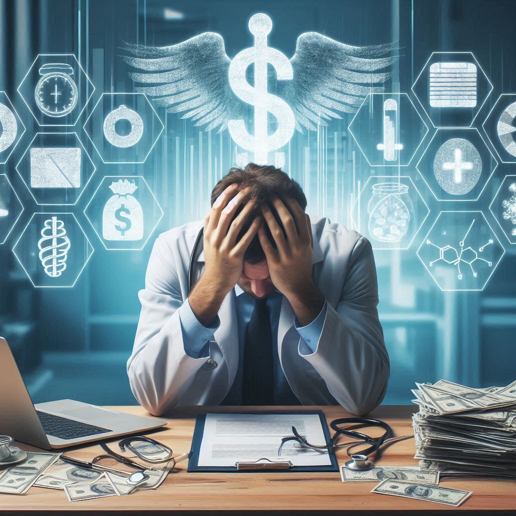 RCM Data breaches response. An AI derived image depicting a frustrated healthcare provider with his head in his hands & elements representing money (revenue) & security