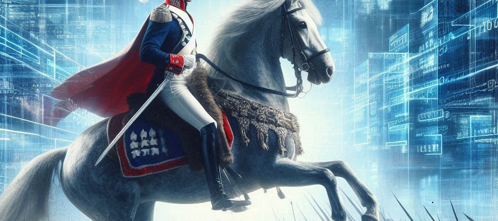 Lead Assessor for SOC2 & ISO27001 certification. Image depicts the Lead Assessor / Lead Auditor as a general like Napolean Bonaparte on his horse waging war against cybersecurity threats.