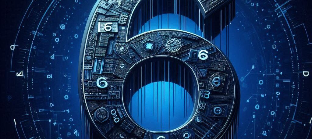 6 Steps to ISO27001 & SOC2 Certification for Small & Mid Sized Business. The image is a representative theme showing 6 the number with a background of cybersecurity motiffs