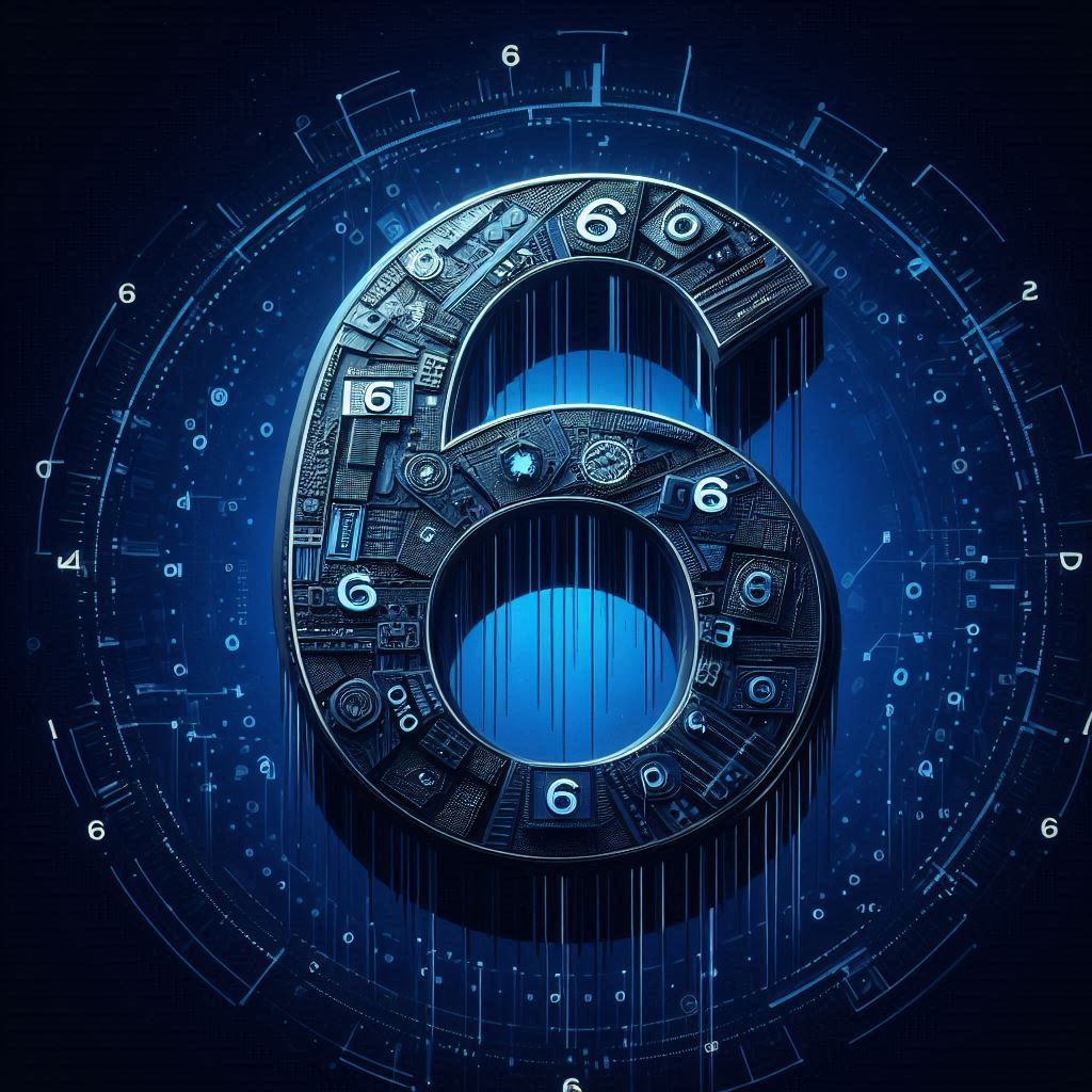 6 Steps to ISO27001 & SOC2 Certification for Small & Mid Sized Business. The image is a representative theme showing 6 the number with a background of cybersecurity motiffs